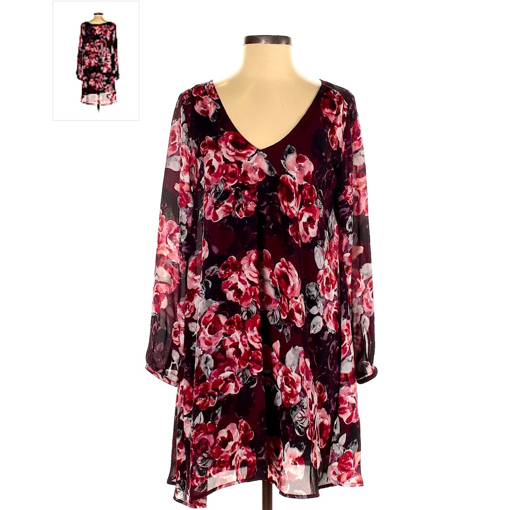 floral burgundy V-neck dress Casual long sleeve by Cupcakes & Cashmere size XS